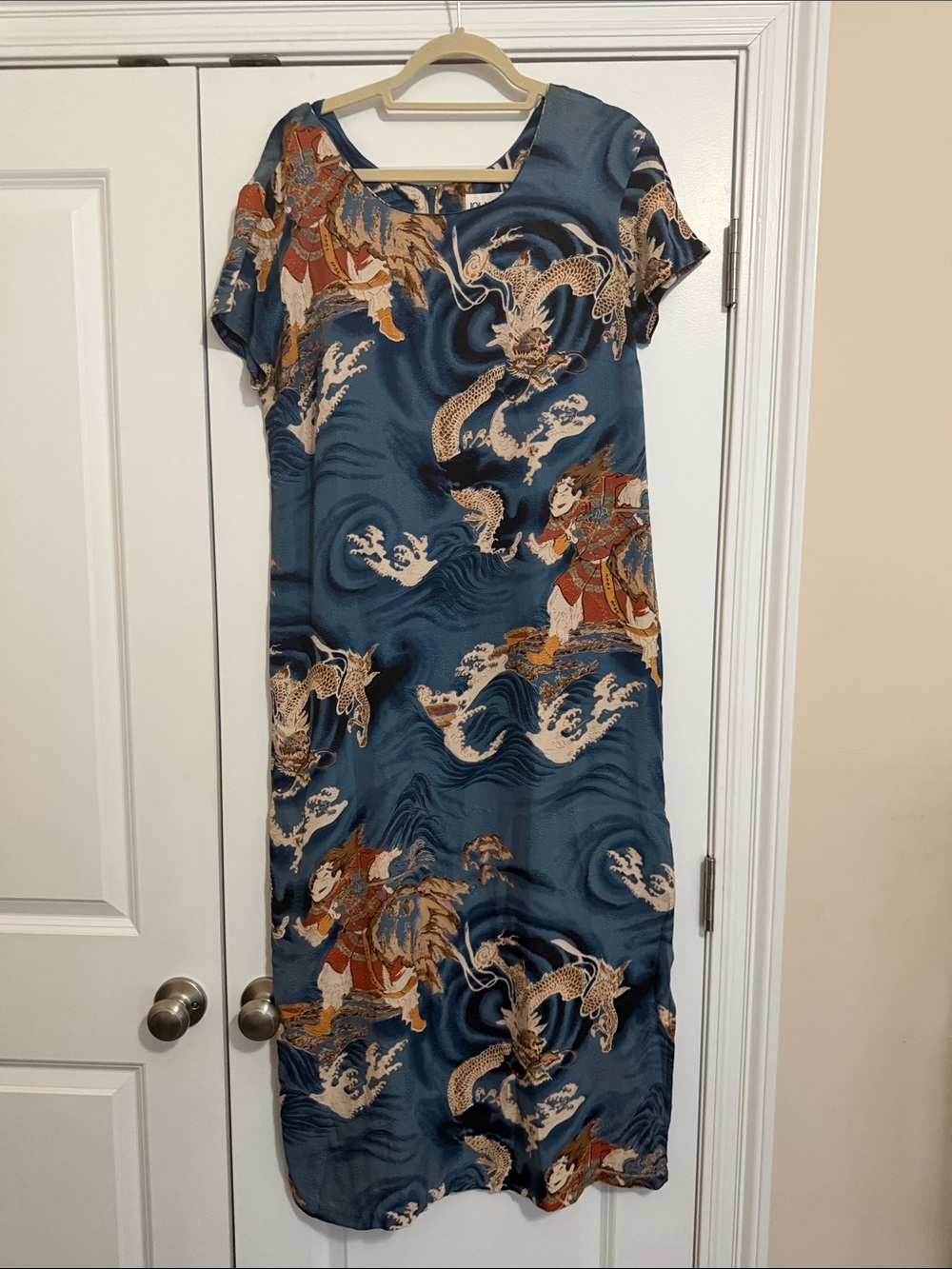Iolani from Hawaii Teal Blue Dragon Print Short Sleeve Midi Dress